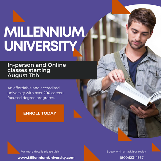 An Instagram graphic showcasing strong use of the mock brand's colors, orange and purple, to advertise enrollment and classes.