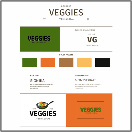 A brand board of the mock restaurant, Veggies, showcasing fonts, a color palette, and a logo